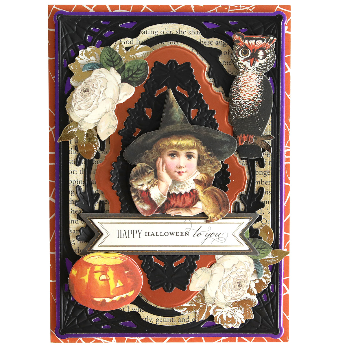A decorative Halloween card on Luxury Matte Foil Cardstock Black featuring a girl in a witch costume with a cat, an owl, a jack-o'-lantern, white flowers, and an embossed "Happy Halloween to you" message.