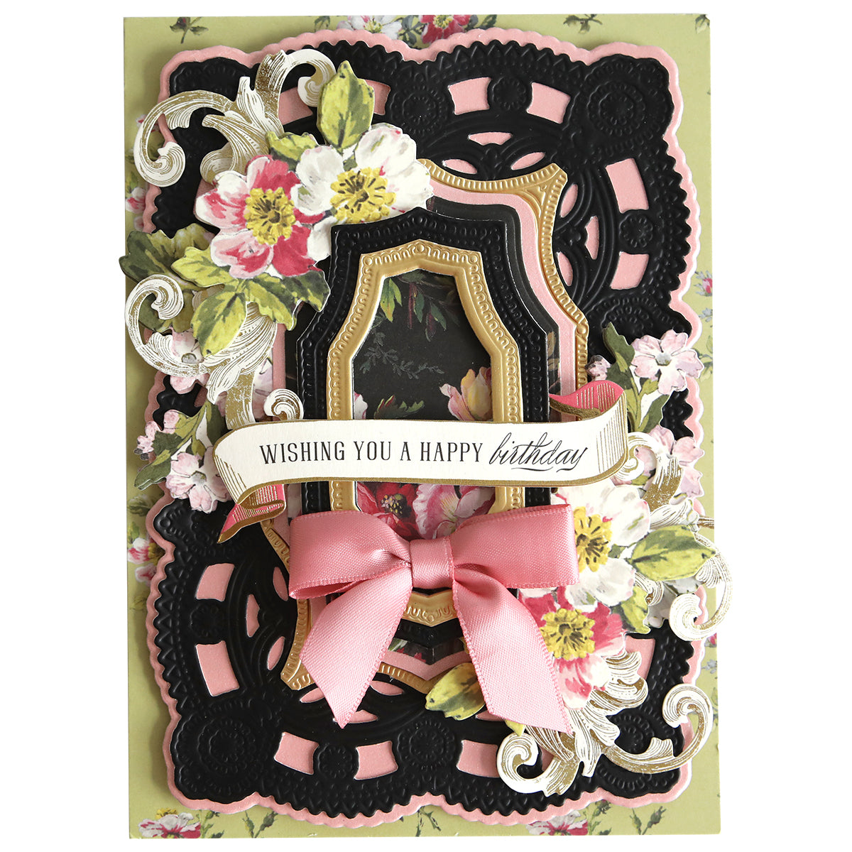 The Luxury Matte Foil Cardstock Black birthday card features ornate black and gold frames, pink and white flowers, a pink bow, and a "Wishing You a Happy Birthday" banner for an elegant celebration.