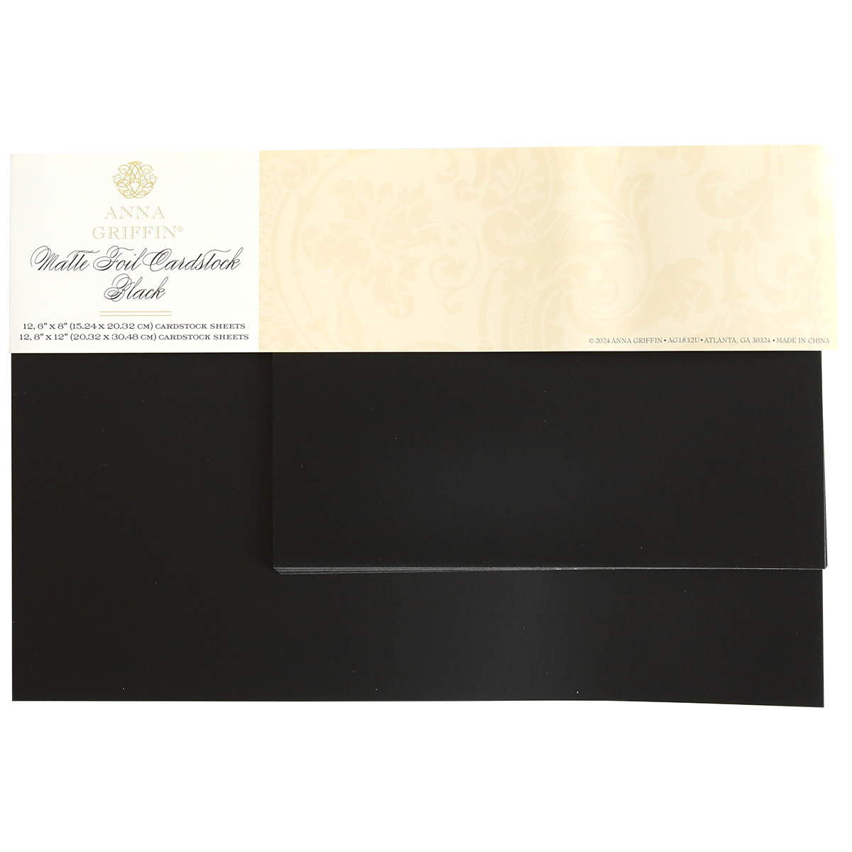 A pack of Luxury Matte Foil Cardstock Black, ideal for embossing or die cutting, features the label and a stack of sleek black cardstock sheets.