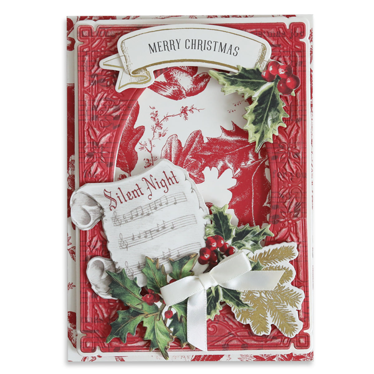 The Christmas Paper Anthology offers a decorative holiday card crafted from elegant cardstock. It features a red embossed frame, holly leaves, ribbon, and a scroll with "Silent Night" sheet music, all adorned with a "Merry Christmas" banner—perfect for adding charm to your holiday greetings.
