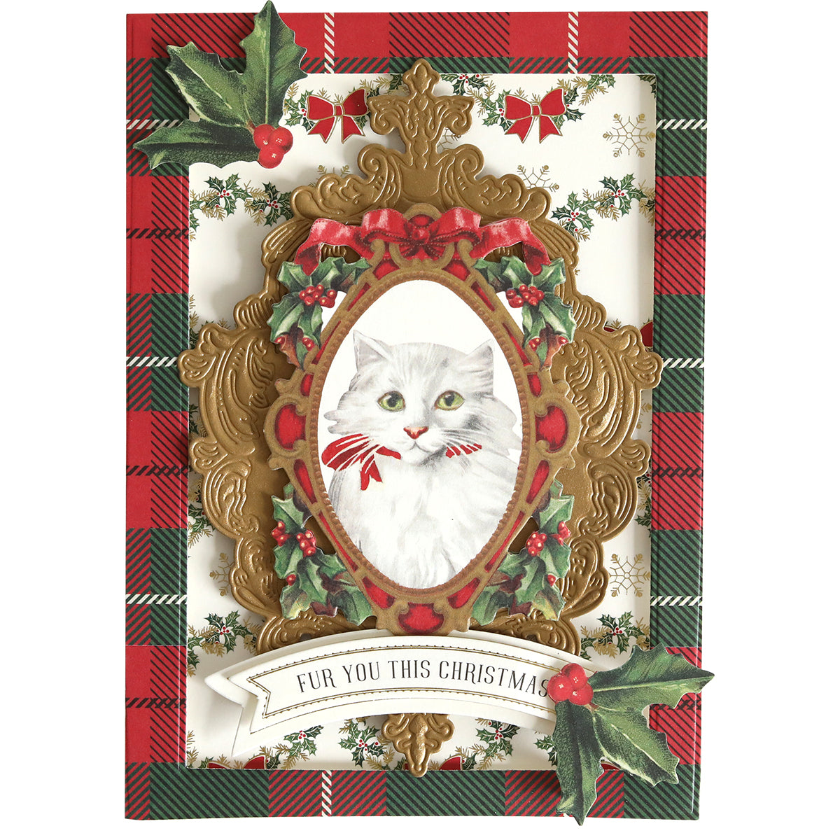A delightful Christmas card from the Christmas Paper Anthology collection, featuring a white cat portrait elegantly framed in gold with a red bow, surrounded by holly and festive patterns on plaid. Made with high-quality Christmas cardstock, the card carries the message: "Fur You This Christmas.