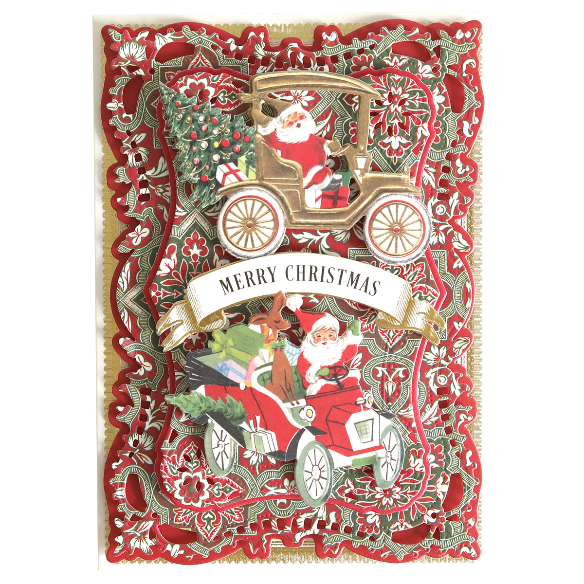 The Christmas Paper Anthology showcases an elaborate card depicting Santa Claus driving vintage cars brimming with gifts, crafted from premium Christmas paper stock. It is adorned with detailed red and gold festive designs and includes a "Merry Christmas" banner.