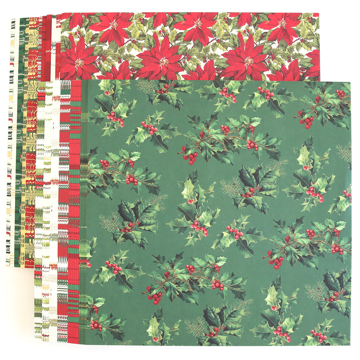 Brighten your gifts with the Christmas Paper Anthology, featuring festive poinsettia and holly patterns in red, green, and white.