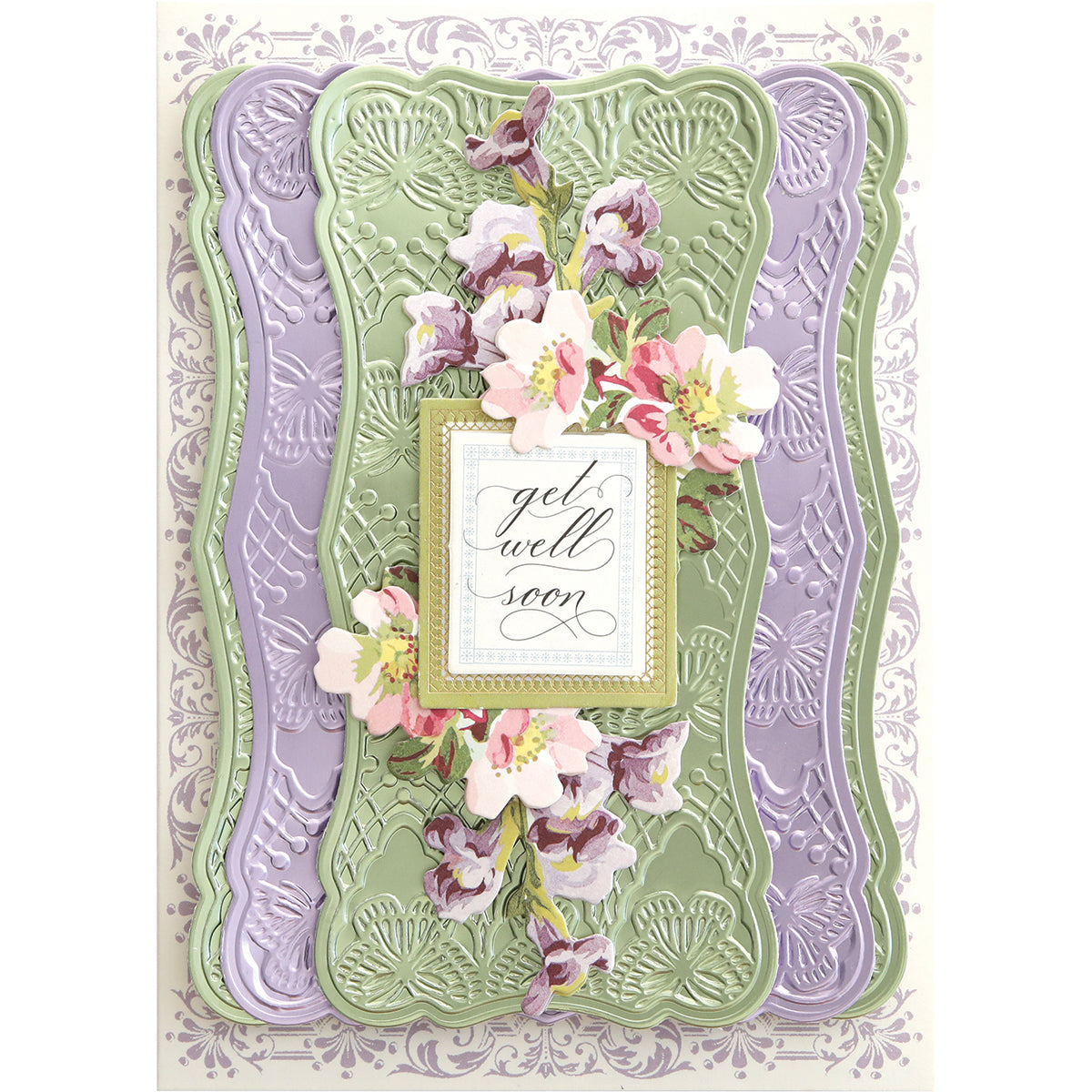 Intricate get well soon card featuring layers of green and purple patterns with floral accents.