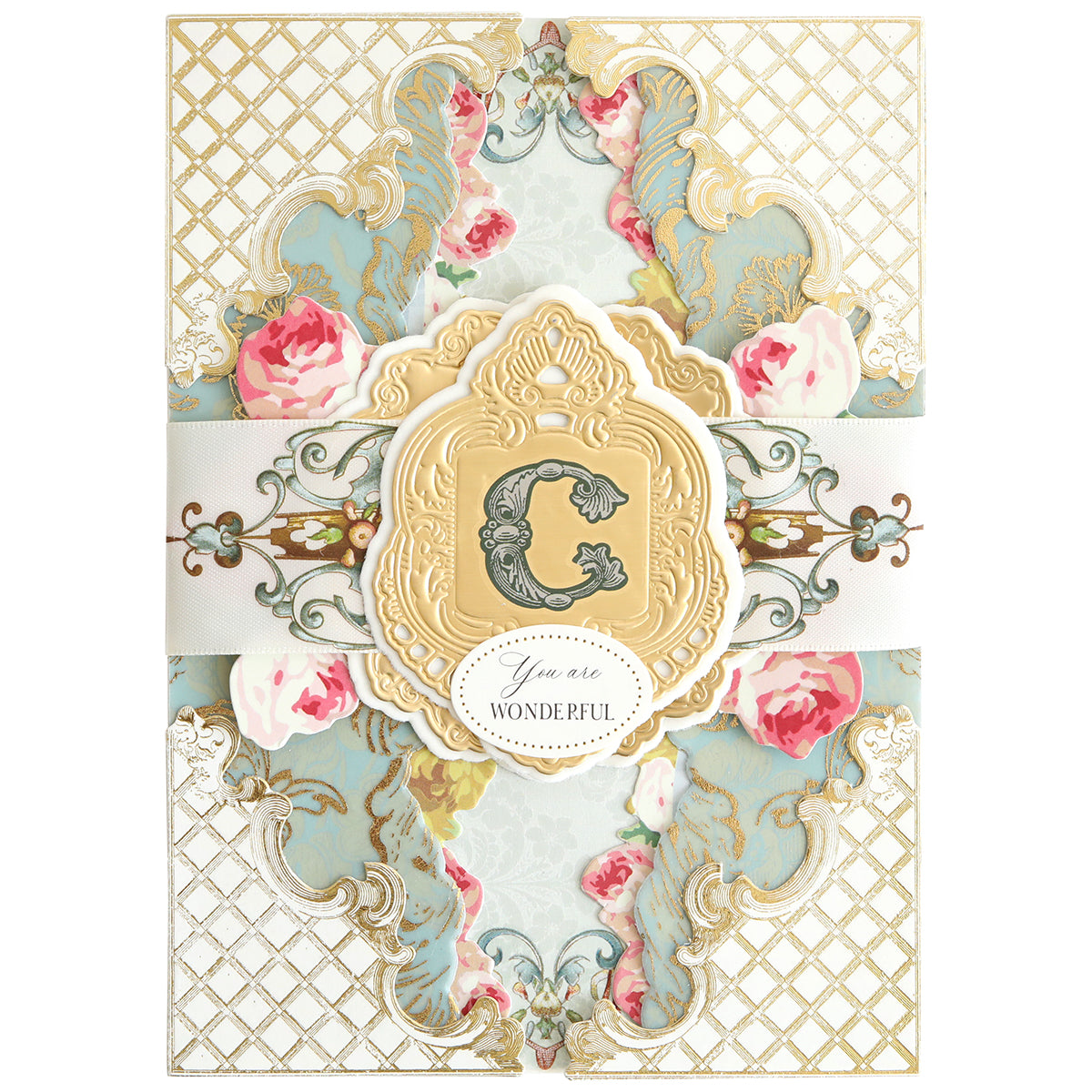 Ornate greeting card with gold lattice, floral designs, and a central gold medallion featuring a decorative "C" from Fancy Alphabet Rub On Transfers above "You are WONDERFUL"—ideal for scrapbooking or cardmaking projects.