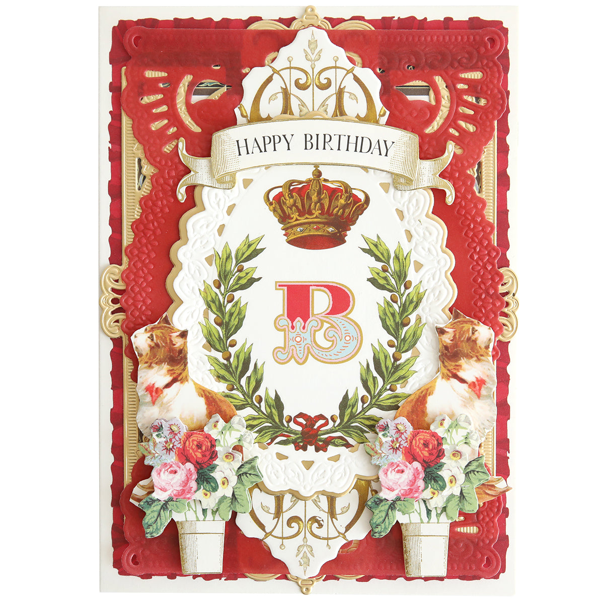 Ornate birthday card featuring a large letter "B" made with Fancy Alphabet Rub On Transfers, a crown, two cats, florals, and a "Happy Birthday" banner on an elegant red and gold background—ideal for creative cardmaking.