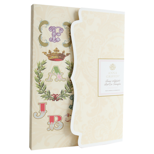 A decorative stationery set ideal for scrapbooking and cardmaking, featuring a cover with letters, crown, laurel motifs, and labeled "Fancy Alphabet Rub On Transfers.