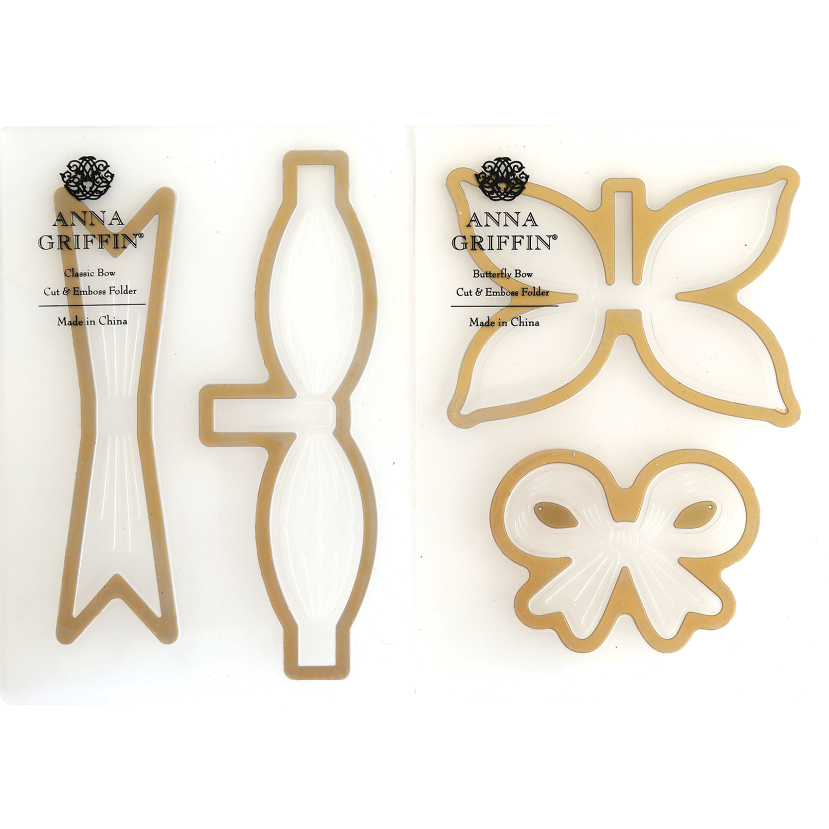 Two sets of Bow Cut & Emboss Folders with gold outlines, ideal for crafting butterfly and ribbon-shaped decorations in your handmade projects.