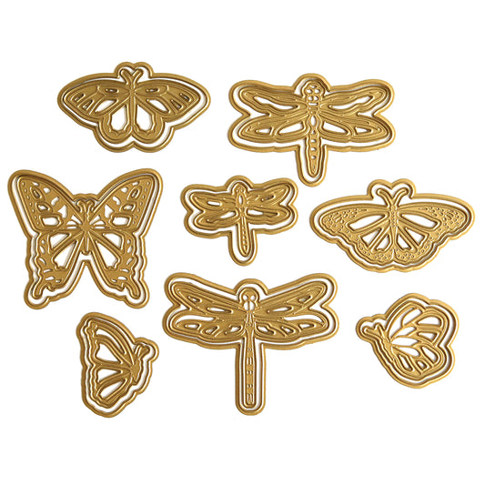 Eight Dragonfly and Butterfly 3D Dies are arranged on a white background, making them ideal for adding dimension to your handmade creations.