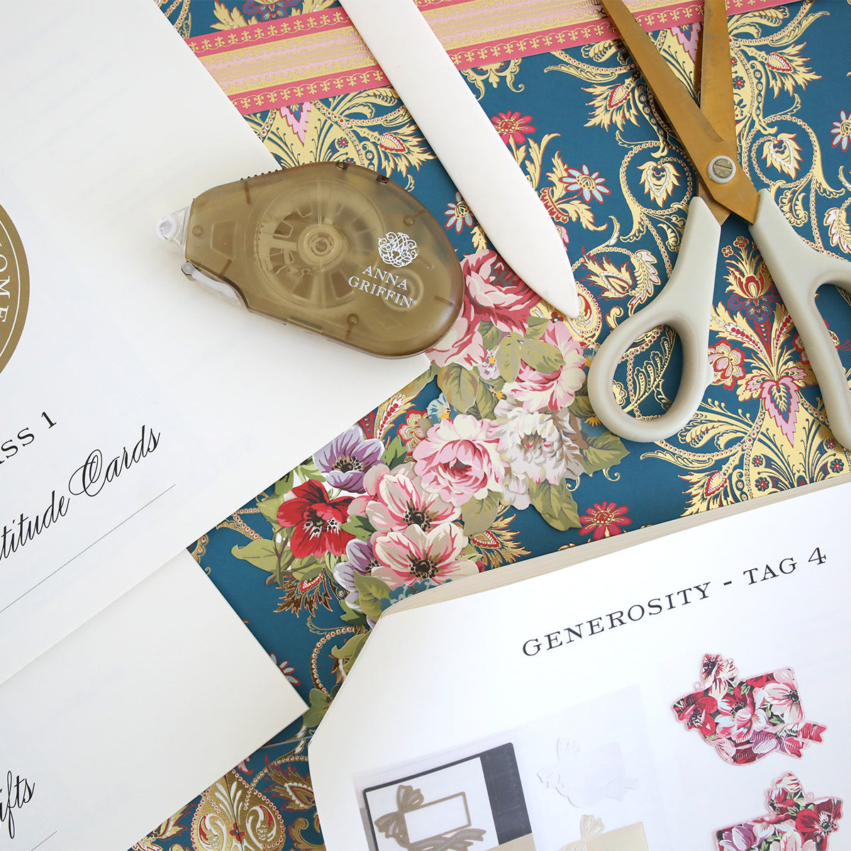 Create 2025 Instructions, featuring scissors, a paper folder, adhesive tape, printed cards, and decorative floral paper displayed with colorful photo inspiration for designing Fall 2025 floral crafts.