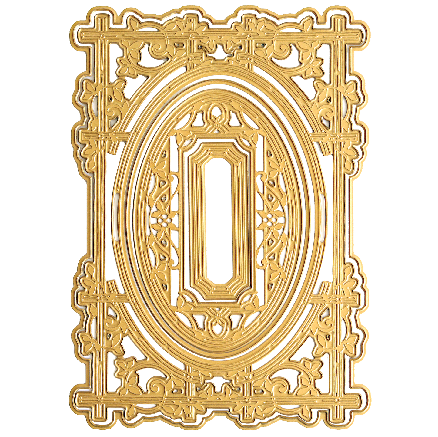 Elegant, gold-toned rectangular frame with detailed scrollwork and a central oval—ideal for handmade projects or card making using Woodland 3D Concentric Frame Dies.