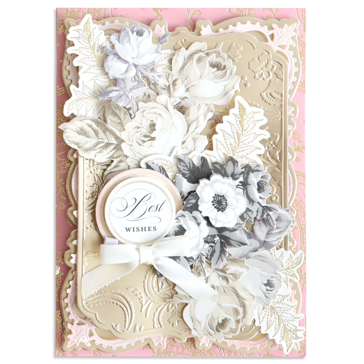 The Faded Rose Die Cut Embellishments feature vintage florals, embossed gold accents, layered white and grey designs, a white ribbon, and a "Best Wishes" tag—ideal for craft lovers seeking a decorative touch.