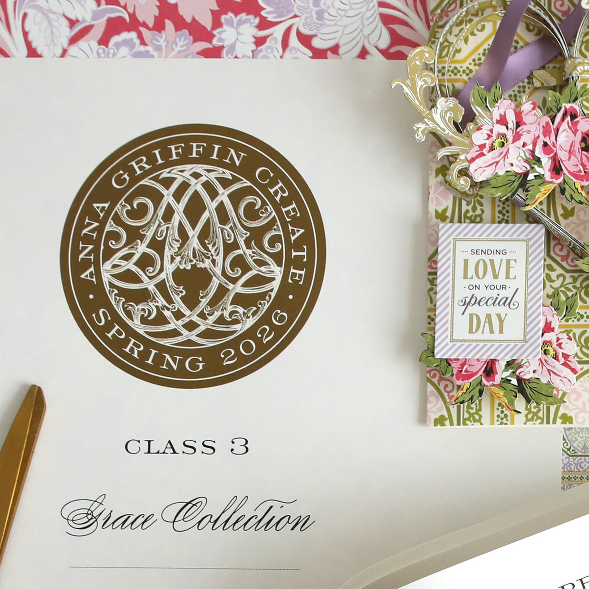 The "Create Spring 2026 Printed Instructions" include step-by-step directions, a certificate, a gold pen, color photos, and a floral card reading "Sending love on your special day.