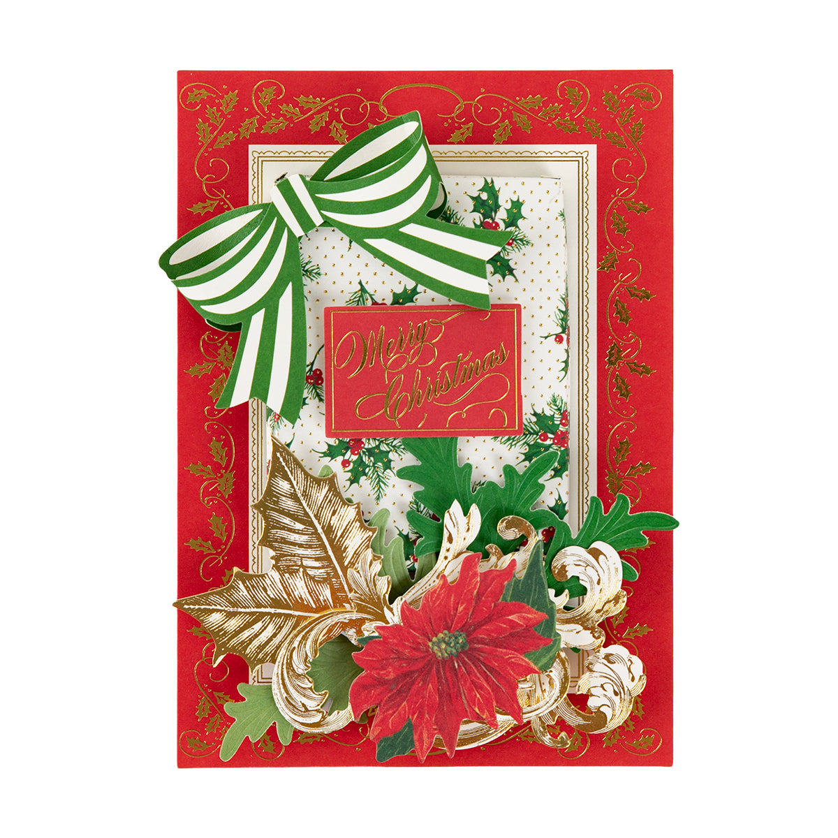 Christmas Grace Advent Calendar, featuring red and gold accents, poinsettia, holly leaves, striped bow, and gold “Merry Christmas” script for festive crafts.