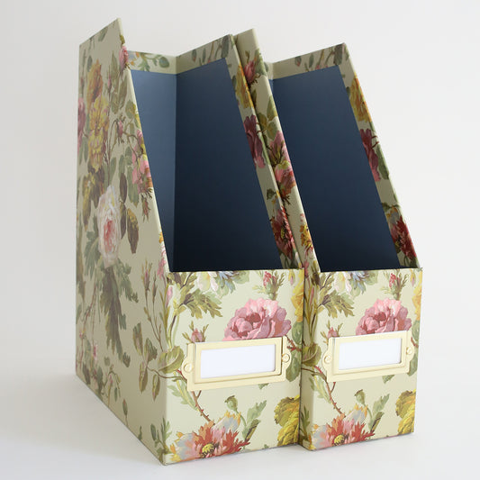 Two large die storage boxes from Francesca, featuring a floral pattern with blank label slots, stand side by side against a plain background.