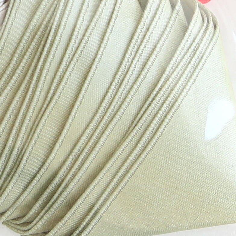 Close-up view of several pale green cloth face masks stacked together, showing their stitched edges and fabric texture, reminiscent of materials from scrapbook pages or enhanced with Satin Ribbon Corners.
