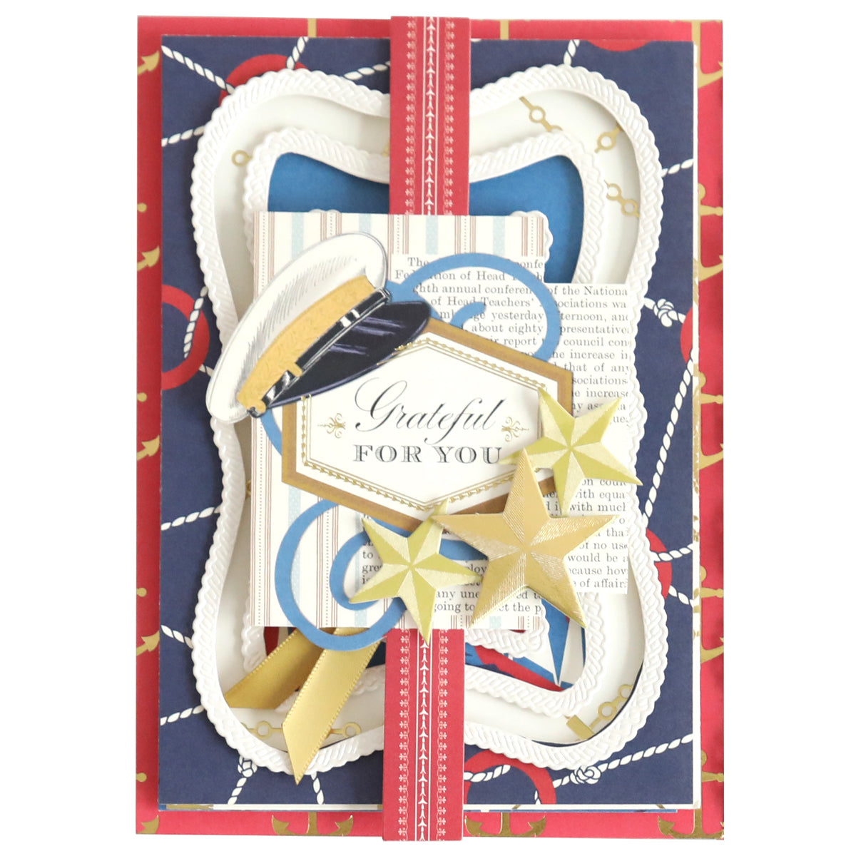 Nautical-themed Seafarer Cardstock and Papers card with anchors, ropes, and a "Grateful for You" message adorned with golden ribbons and stars on a red and blue background.