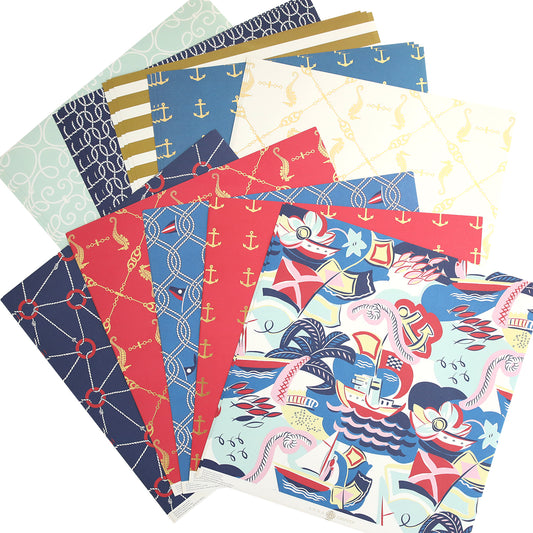 Seafarer Text Papers: Nautical-themed paper sheets featuring anchors, ropes, and maritime symbols in blue, red, gold, and white—ideal for summer sailing crafts.