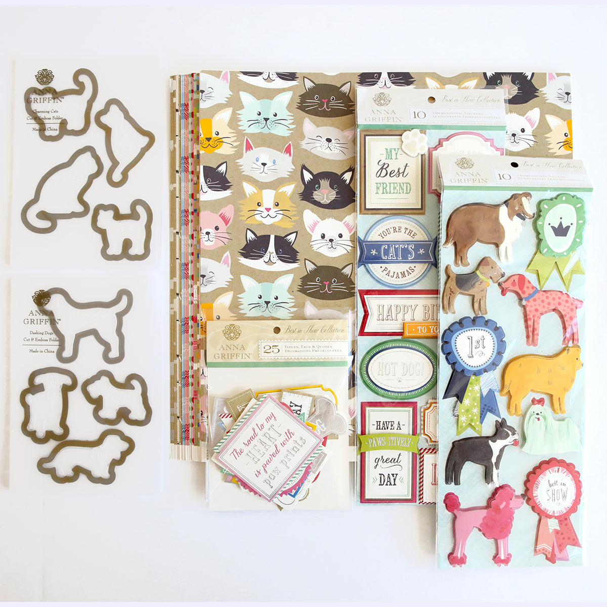 A collection of the "Best in Show Paper Crafting Collection," including cardstock and stickers, pet-themed scrapbooking supplies.