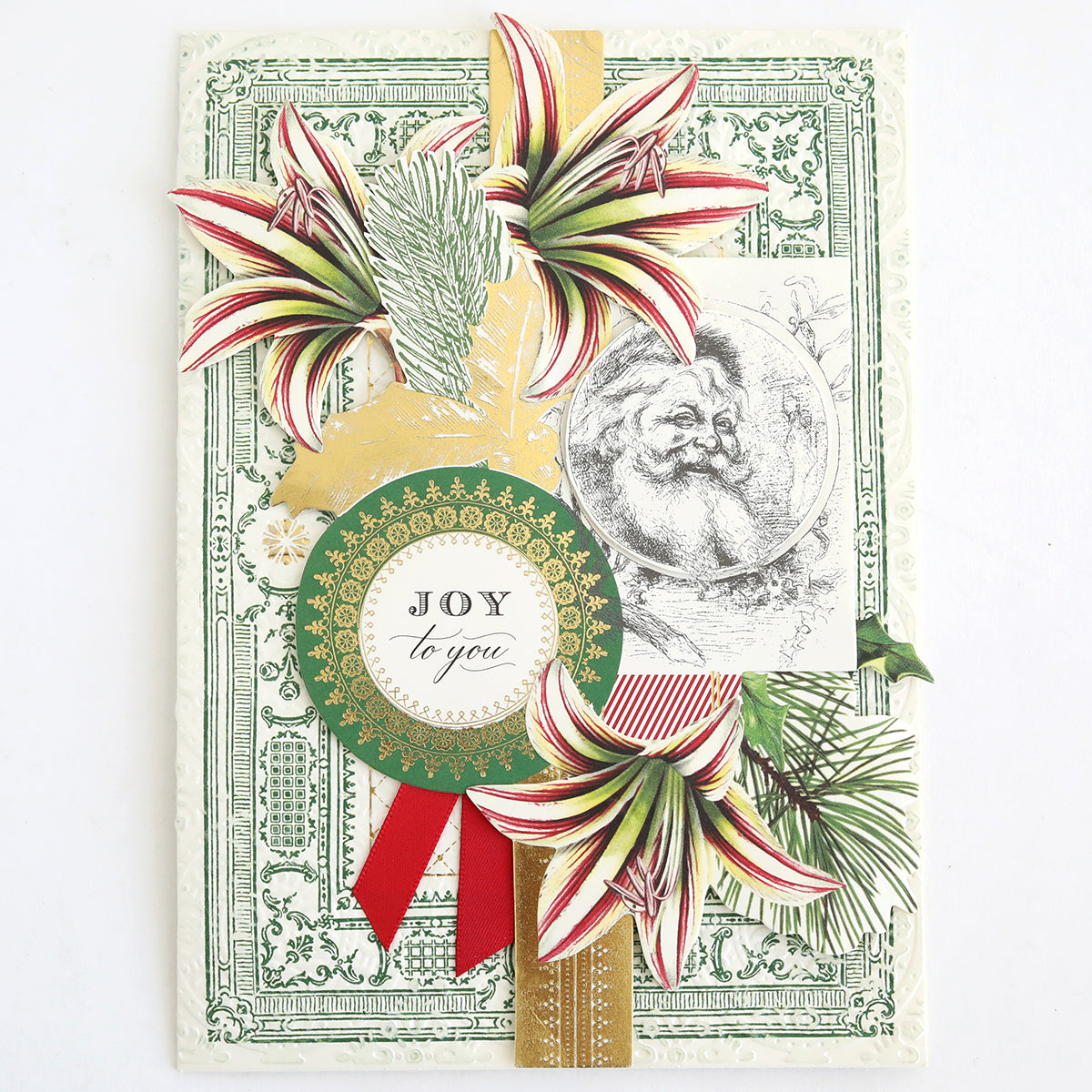 The Christmas Engravings Cards and Toppers Bundle features a decorative holiday card adorned with red and white flowers, pine branches, a Santa illustration, and a round label reading “Joy to you.” Accented with ribbons on a vintage-style background, this bundle is perfect for expanding your festive Christmas card collection or using as card toppers for creating custom holiday stationery.