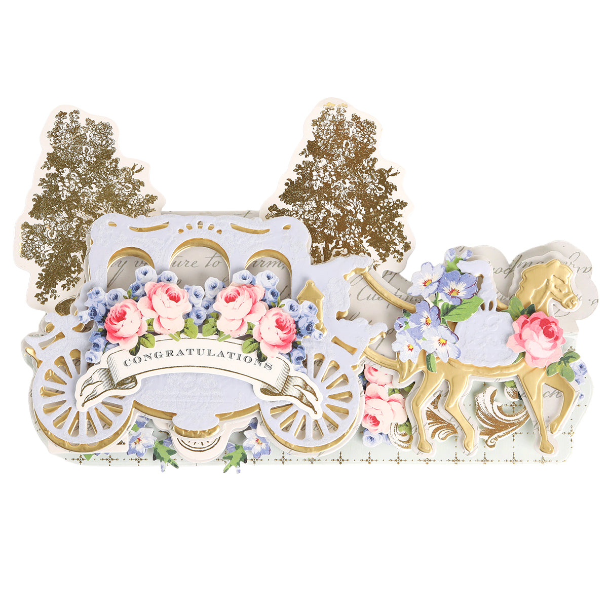 Celebrate special occasions with the Carriage Slimline Easel Card Dies—create a decorative card showcasing a gold and white carriage, pink and blue flowers, a horse, and a “Congratulations” banner, all set against gold-embossed trees. Perfect for wedding cards, these elements are expertly designed using the Carriage Slimline Easel Card Dies.