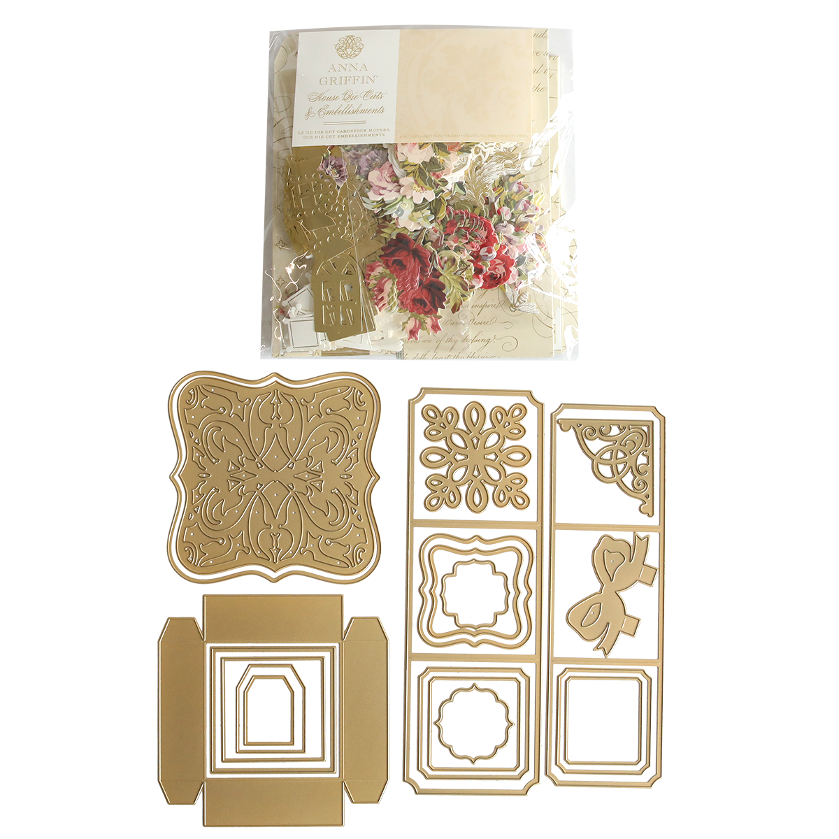 Explosion House Dies and Materials—gold-colored metal dies with ornate shapes, frames, a bow, and elegant embellishments in decorative floral packaging—perfect for adding detail to exploding box cards.