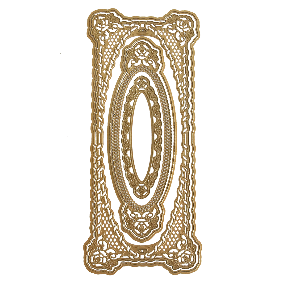 An Anna Griffin ornate gold frame with an ornate design, perfect for floral cards and card making, like the 3D Rose Slimline Concentric Frame Dies.