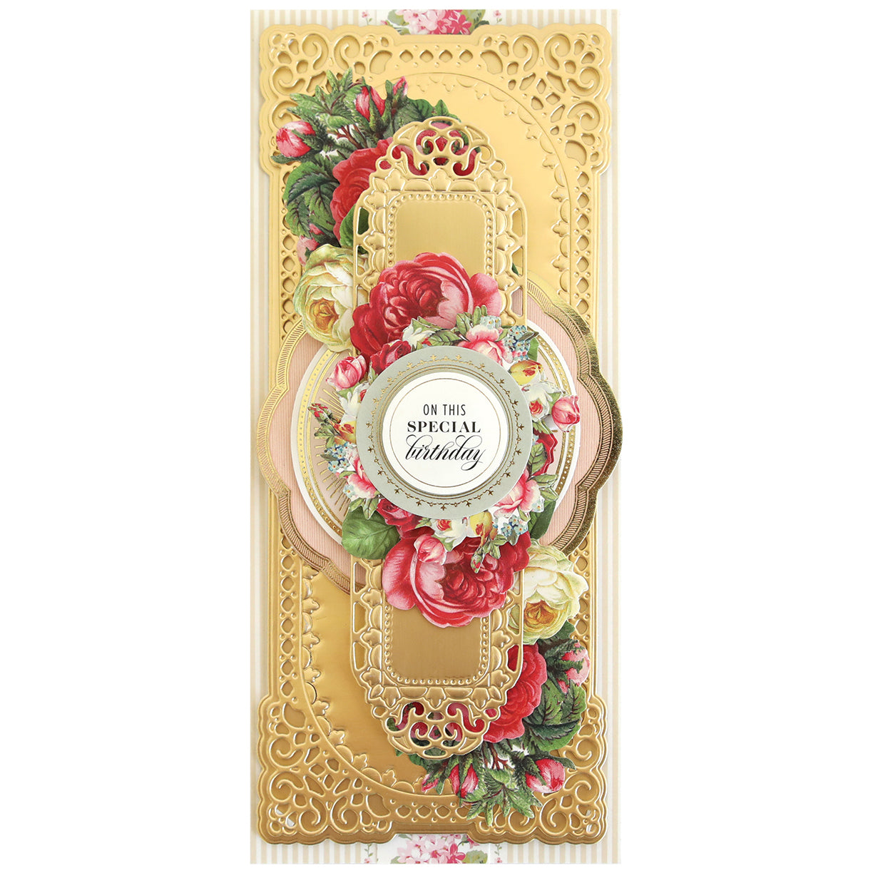 A gold card with roses on it featuring 3D Oblong Slimline Concentric Frame Dies.