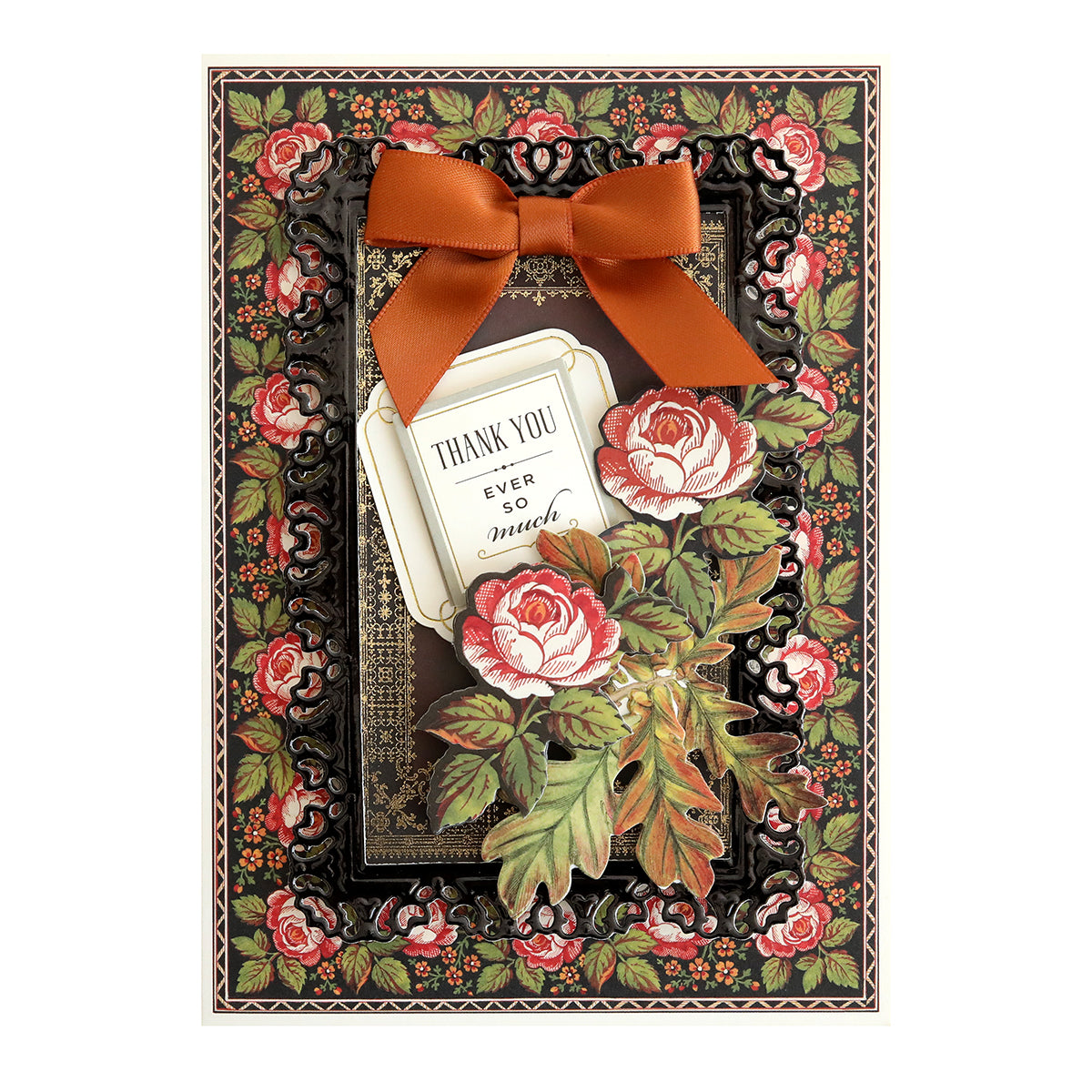Celebrate gratitude in style with the Haunted Halloween Haul thank you card, featuring a striking red bow, ornate floral border, and beautifully layered red and white roses. The front showcases the heartfelt message “Thank You Ever So Much.” Expertly crafted on premium glitter cardstock, this elegant card pairs perfectly with Halloween stickers or other spooky craft supplies for a festive touch.