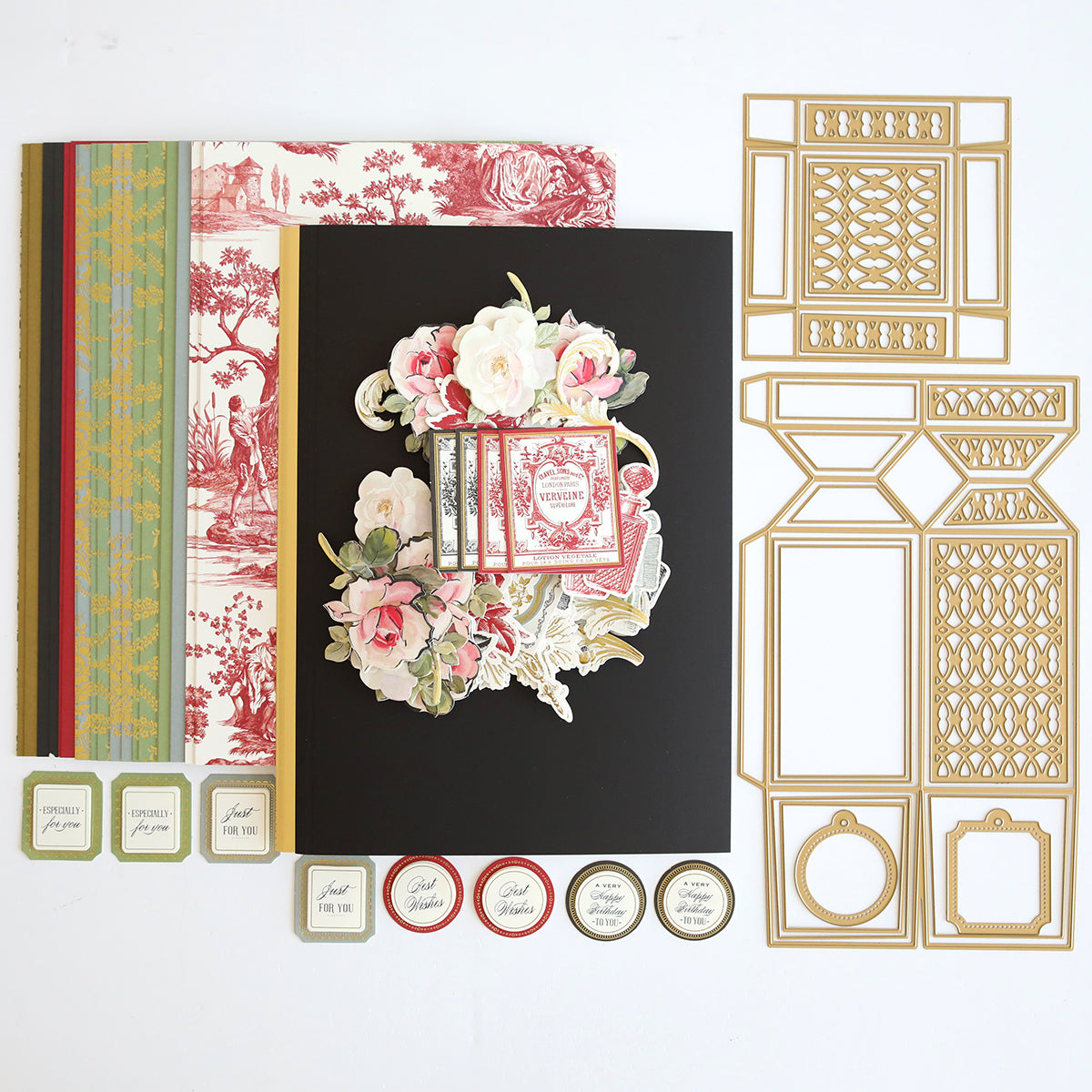 An Anna Griffin gift wrapped box filled with Perfume Box Class Materials and Dies adorned with a beautiful floral design.