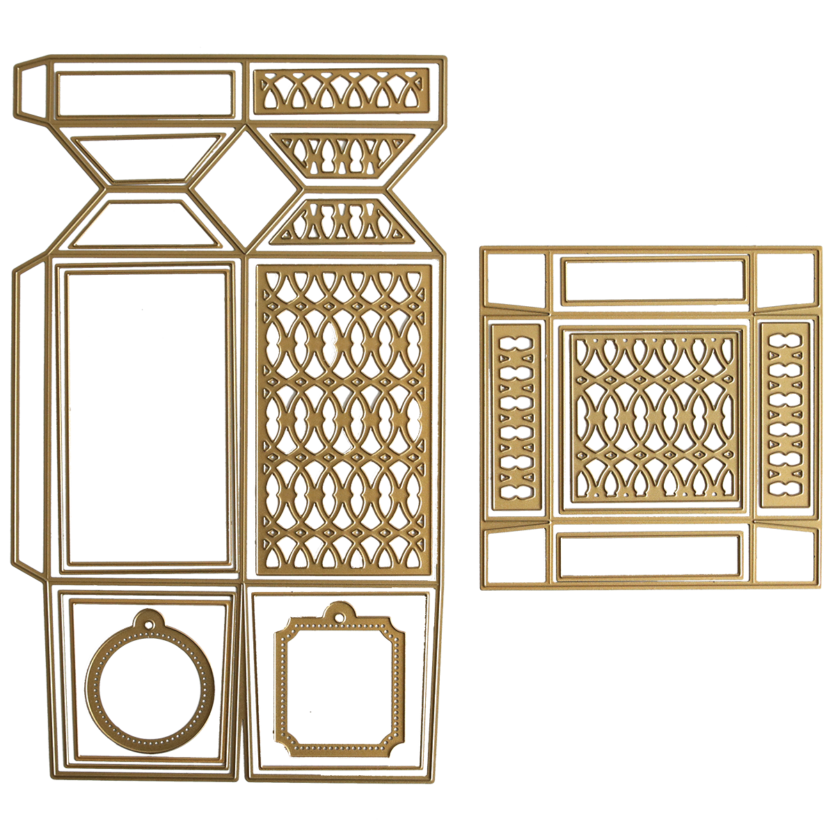 Perfume Box Dies: Set of two gold-colored metal dies with detailed geometric and lattice patterns, ideal for crafting or card making. Includes a rectangular multi-shape template and a single rectangle—great for fragrance gift boxes.