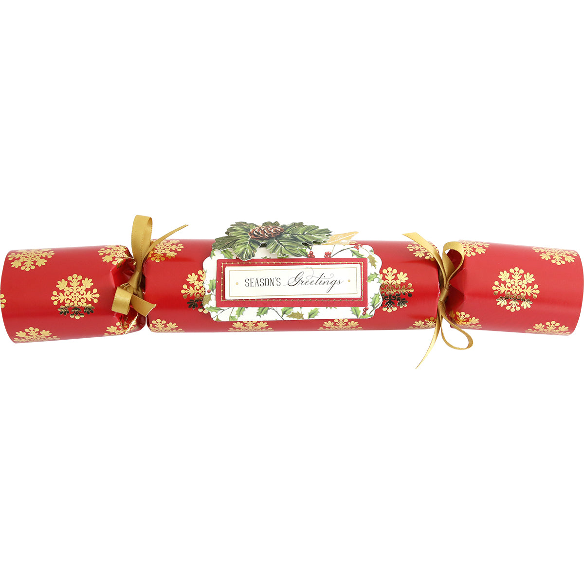 The Holiday Crackers Dies, embellished with gold snowflakes and ribbons and labeled "Season's Greetings," can beautifully enhance your Christmas table decorations. Inside, find delightful small gifts that bring a bit of surprise to your festive celebration.