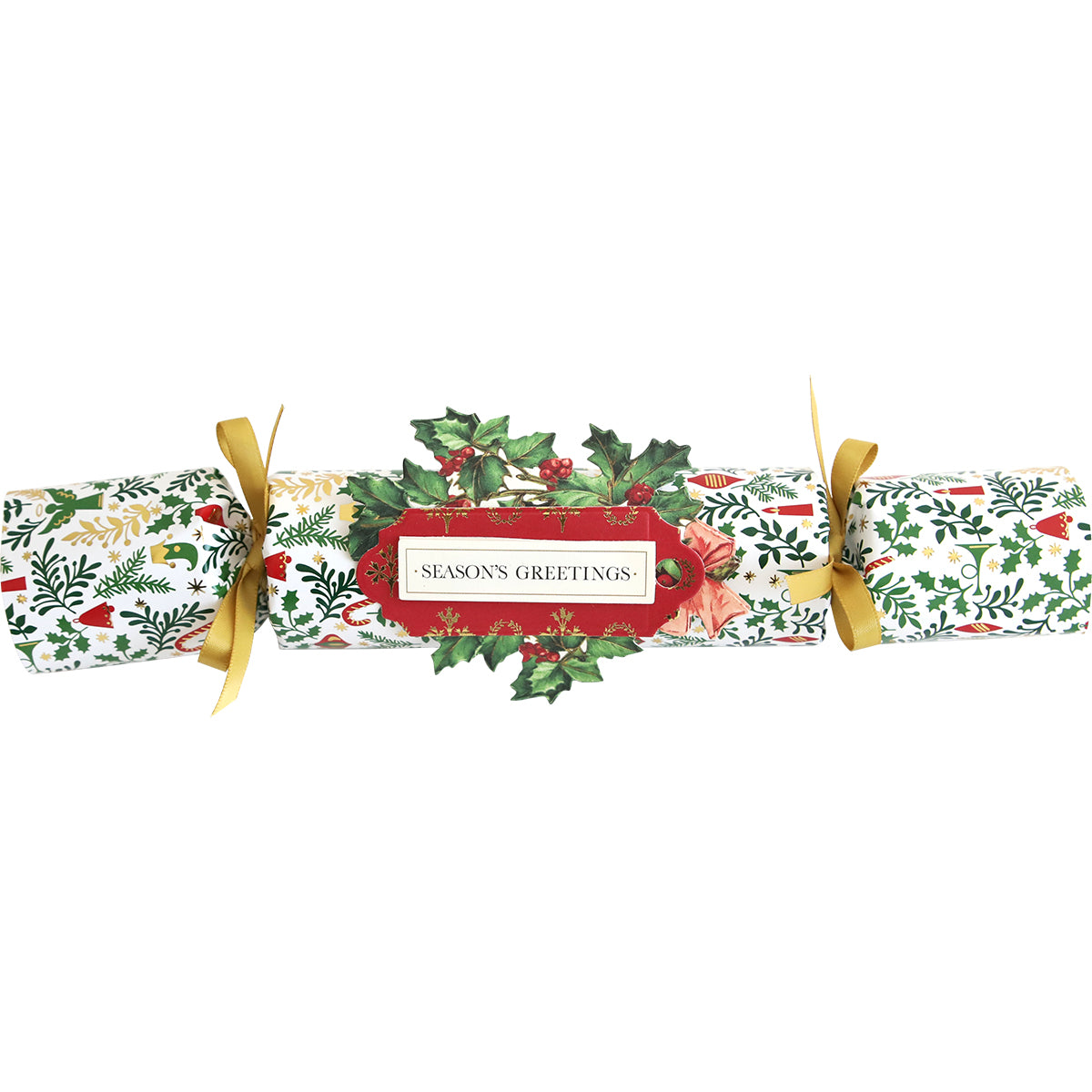 Introducing our Holiday Crackers Dies: beautifully crafted holiday crackers adorned with a holly design and a "Season's Greetings" tag, ideal as charming additions for your Christmas table decorations, elegantly tied with gold ribbons.