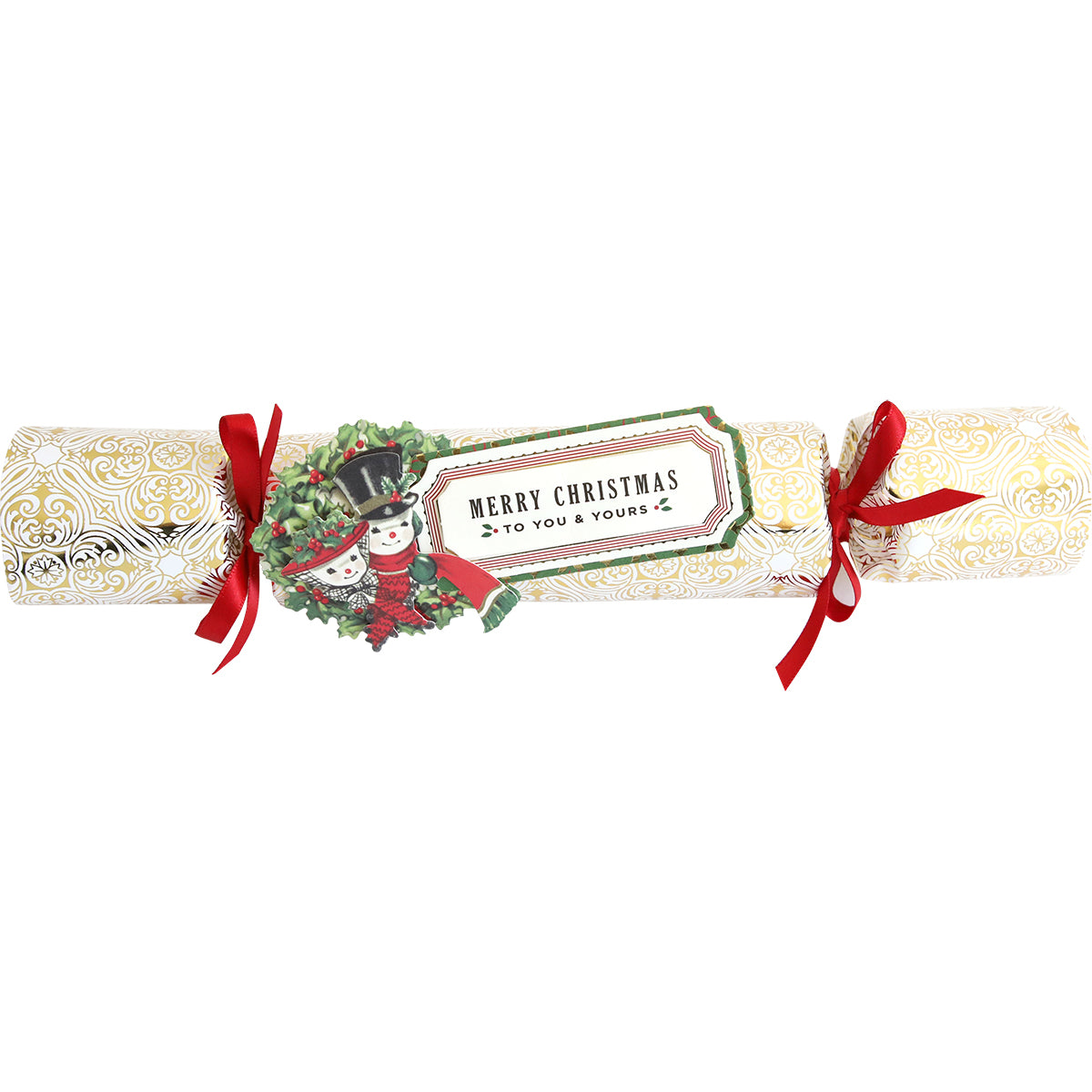 The Holiday Crackers Dies make for charming Christmas table decorations with their combination of gold and white, red ribbons, and a tag that reads "Merry Christmas to you & yours." The design showcases an illustration of two snowmen in winter attire, making them perfect for holding small gifts.