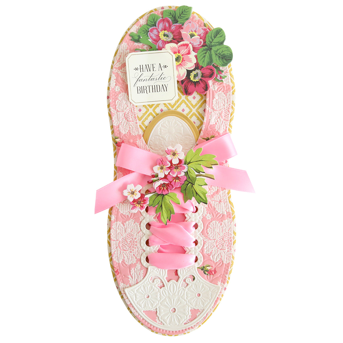 A decorative Paper Sneakers Refill Kit birthday card, adorned with pink ribbons and floral accents against a white background, featuring 3D sentiments and layers.