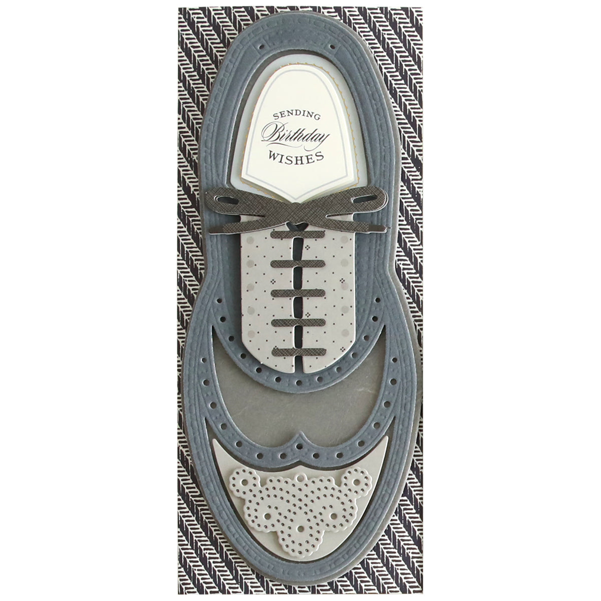 A Paper Wingtips Refill Kit designed to look like a gray dress shoe with laces, featuring the text "Sending Birthday Wishes" on the tongue of the shoe, and adorned with intricate 3D embellishments for a touch of elegance.