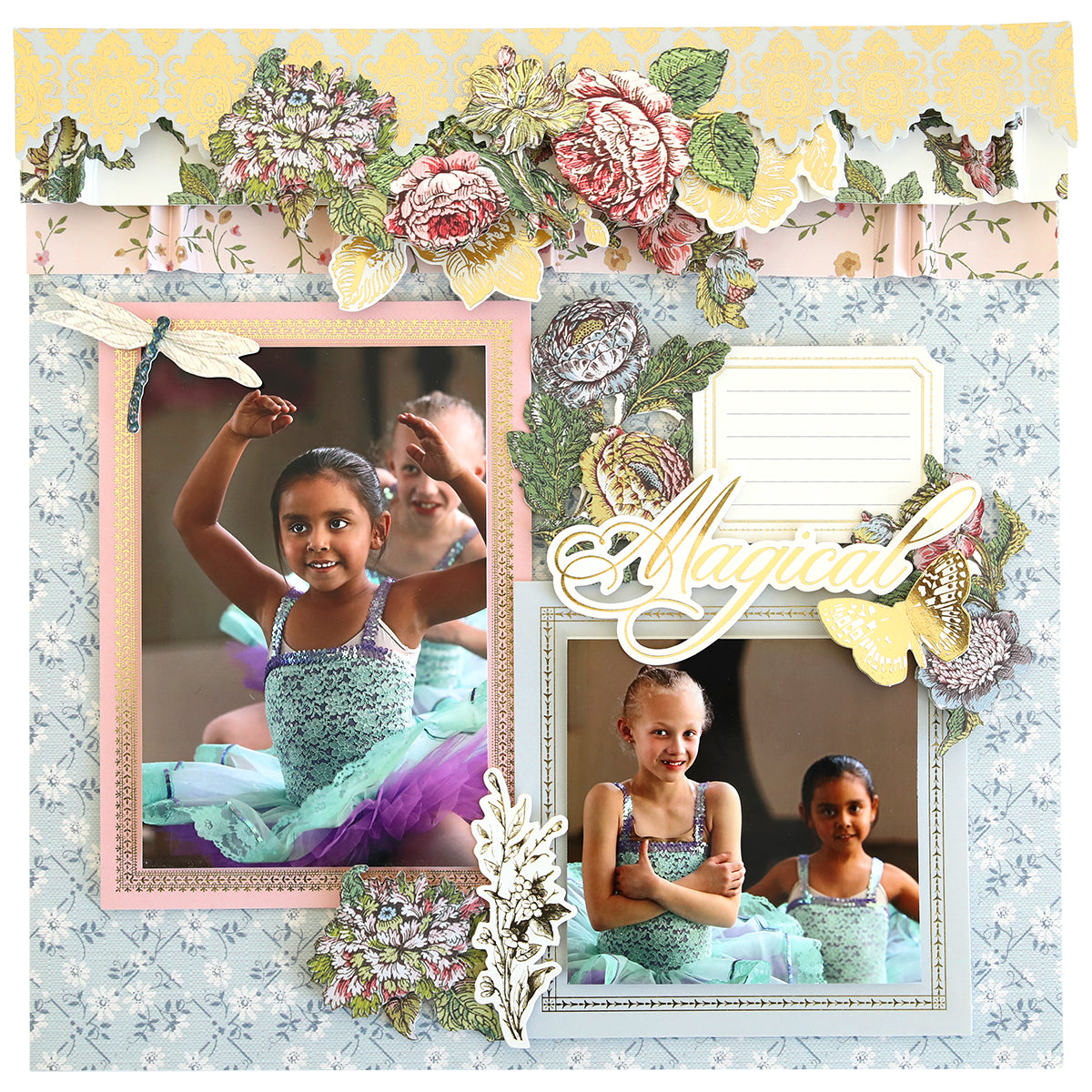 Simply Wildflower Meadow Scrapbook Kit album page featuring two young girls in ballet outfits with floral decorations and the word "magical