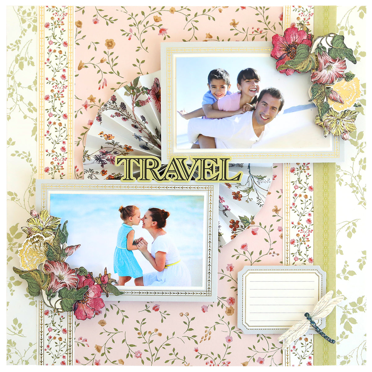 Simply Wildflower Meadow Scrapbook Kit album page with two family photos, floral decorations from the Wildflower Meadow collection, and the word "travel"; includes a tag and a patterned background.