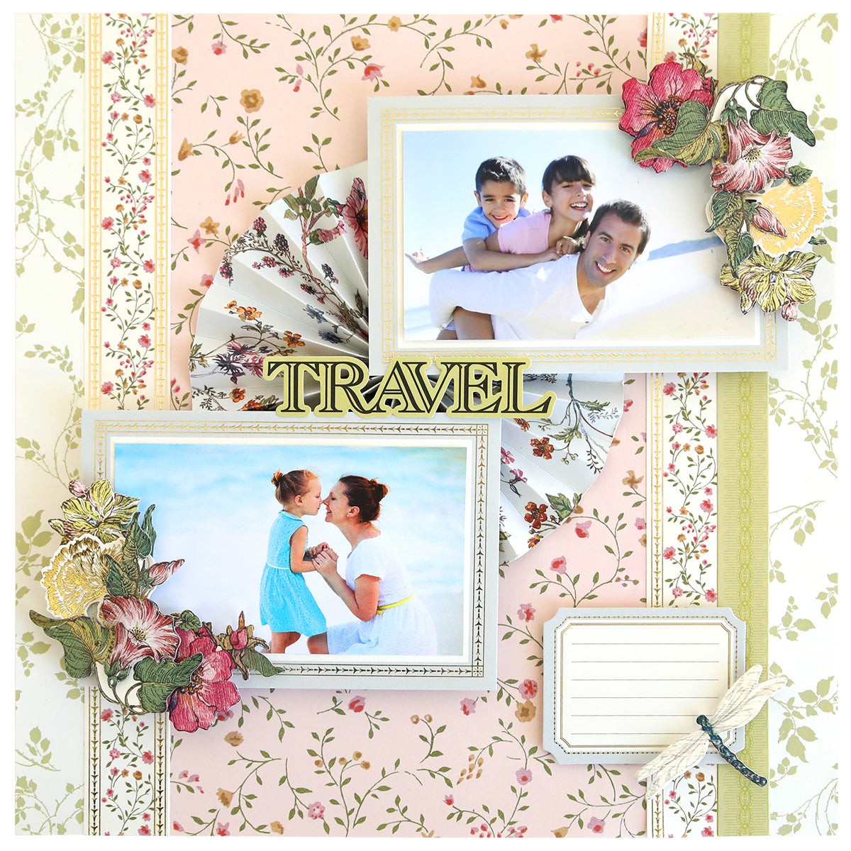 Simply Wildflower Meadow Scrapbook Kit album page with two family photos, floral decorations from the Wildflower Meadow collection, and the word "travel"; includes a tag and a patterned background.