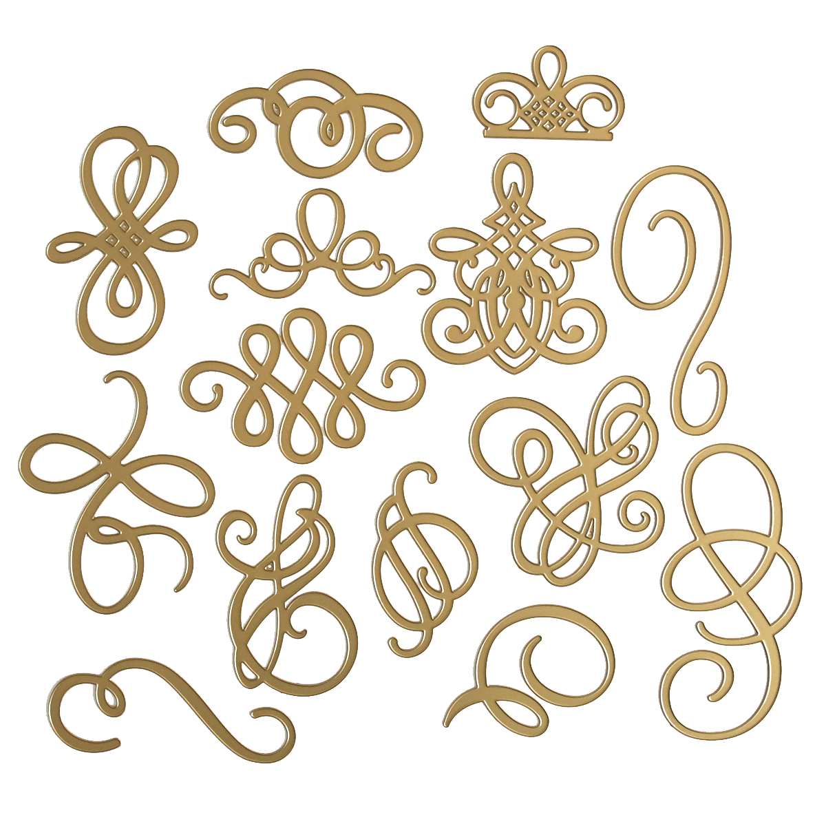 A collection of the Flourish Die Bundle, fancy, gold-plated ornaments and decorative swirls designed specifically for cardmaking projects.