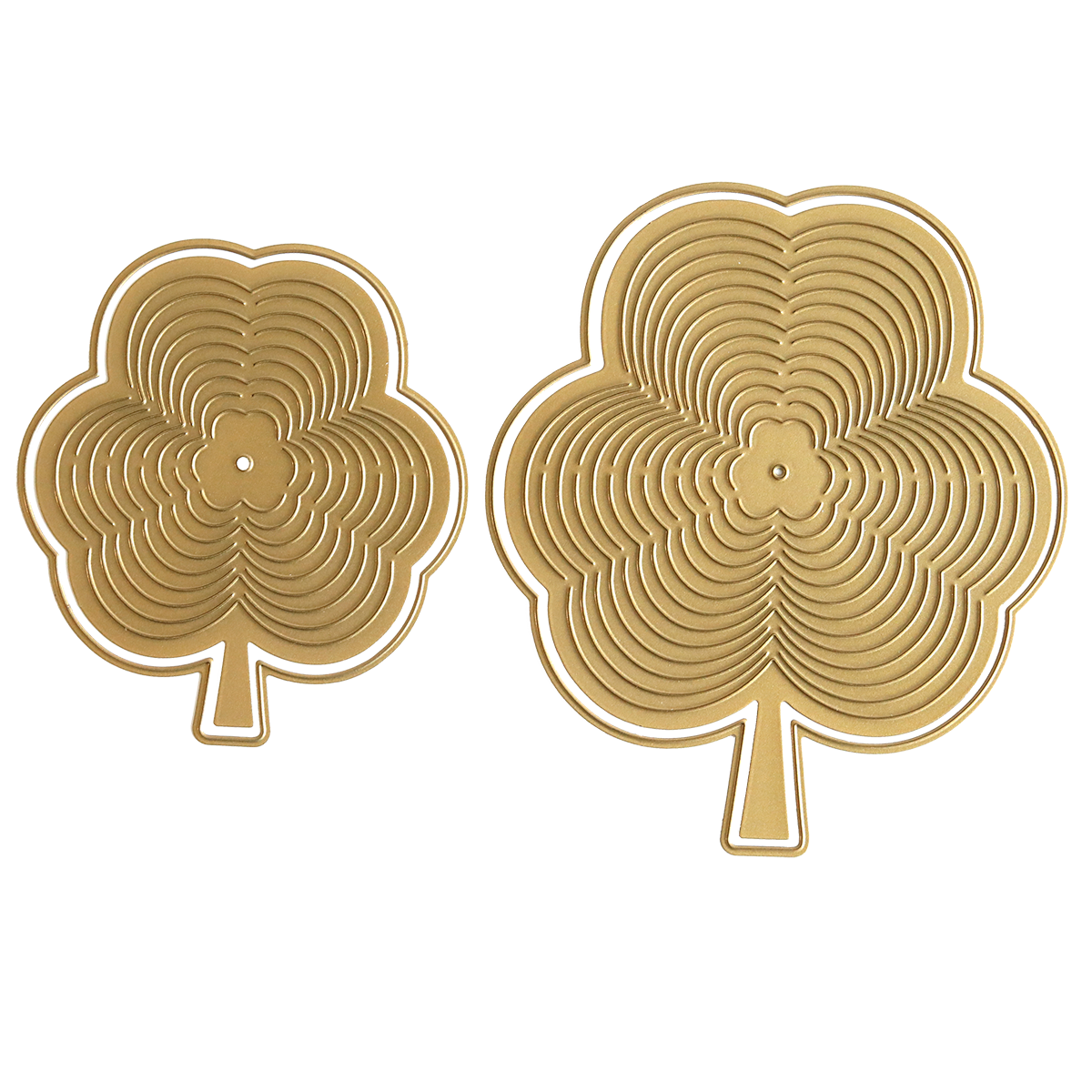 Two gold leaf shaped ornaments on a white background, created using the Shamrock Kirigami Dies.
