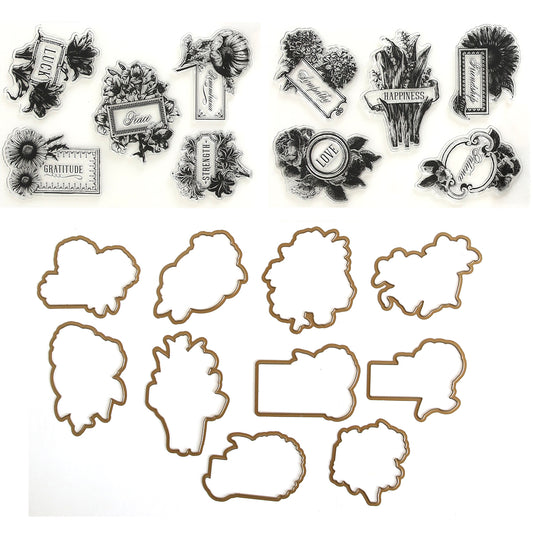 A collection of Flower Language stamps, clear stamps, and die-cut paper shapes with flowers and framed designs, some featuring words like "gratitude," "faith," and "happiness" on a white background.