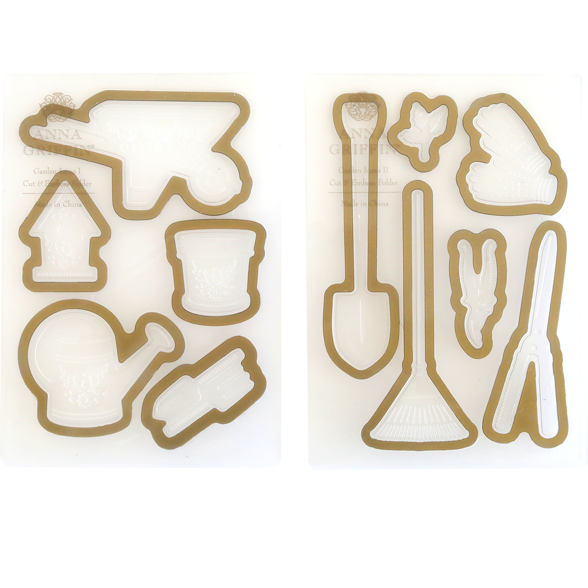 A set of Garden Icons Cut and Emboss Folders with embellishments displayed on a white background.