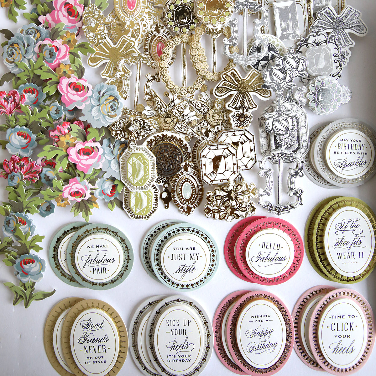 A collection of Paper Shoes Finishing School Refill Kit and flowers for your craft box.