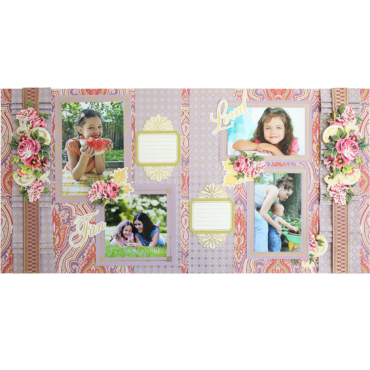 Scrapbook page made with the Simply Paisley Scrapbooking Kit with Album, showcasing five kids' outdoor photos, floral patterns, "Love" and "Fun" phrases, and two empty captions—ideal for album additions or sparking scrapbooking ideas.