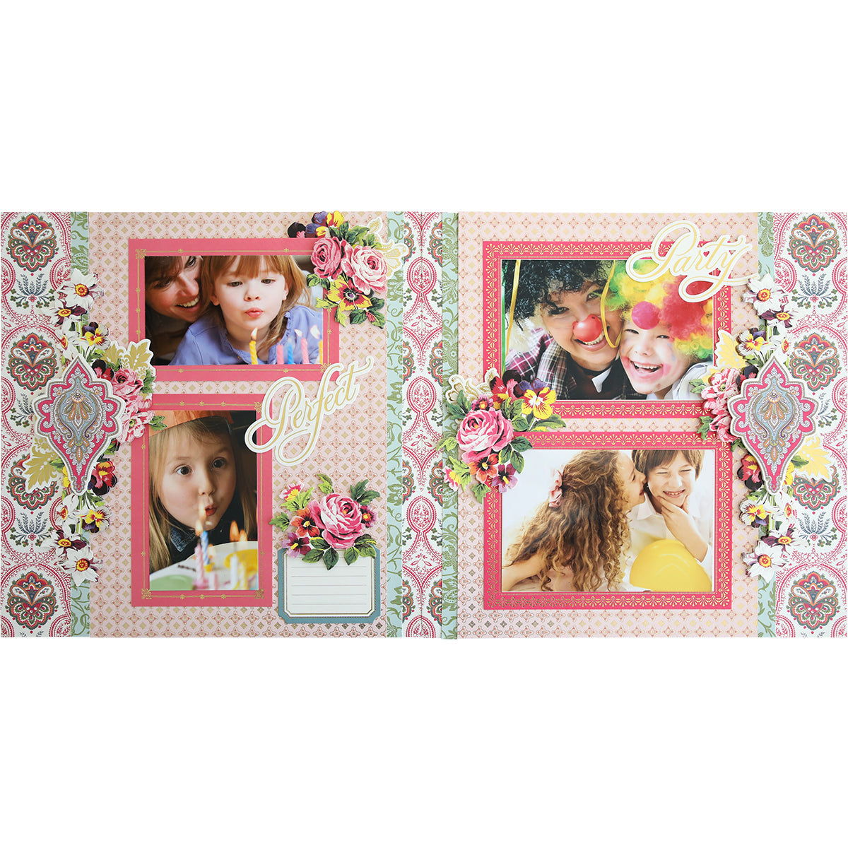 A vibrant scrapbook page from the Simply Paisley Scrapbooking Kit, showcasing four photos of smiling people. It's embellished with floral patterns and adorned with the words "Perfect" and "Party," capturing a joyful moment in your scrapbook album.