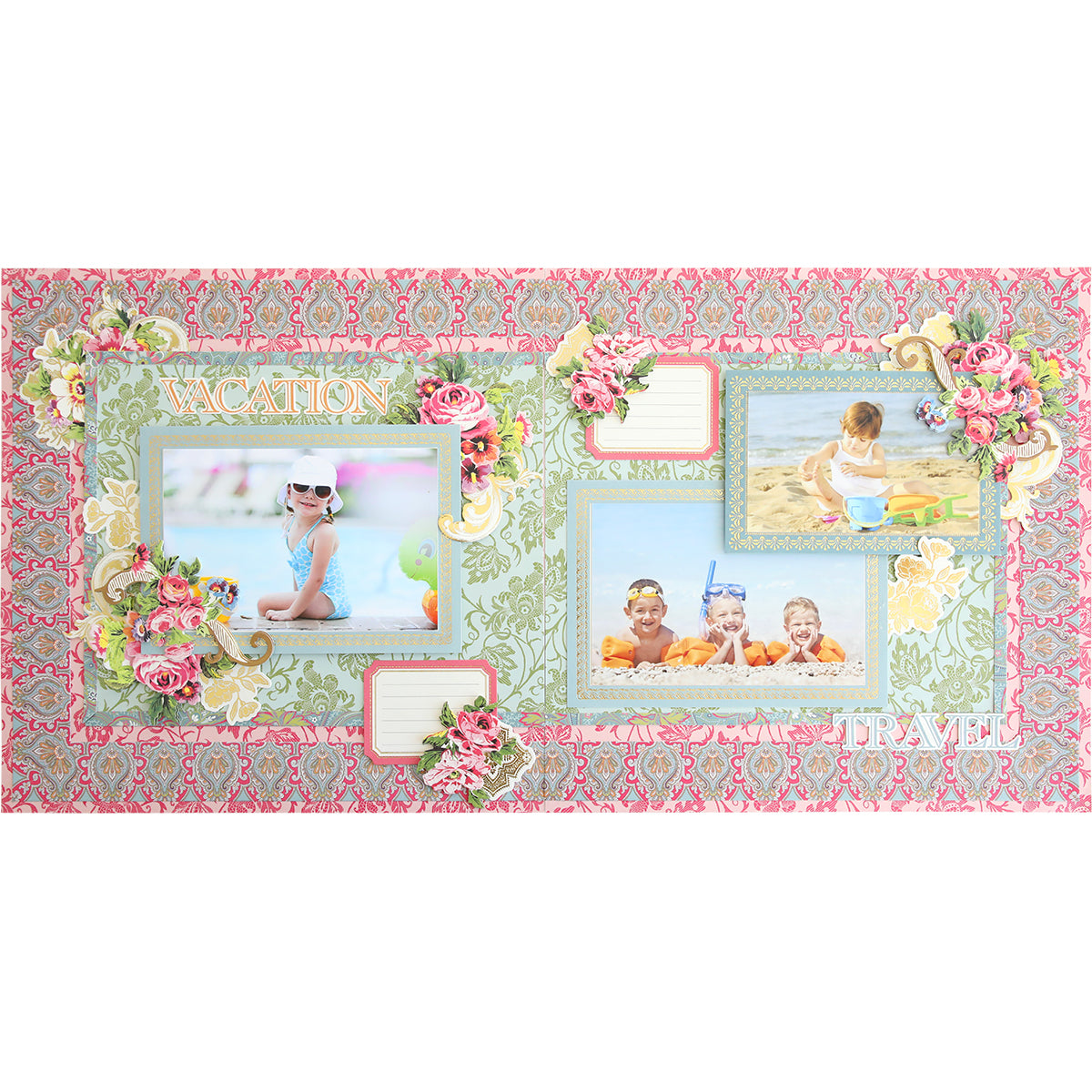 Explore this charming scrapbook page from the Simply Paisley Scrapbooking Kit, showcasing three vacation-themed photos of children at the beach. It is beautifully embellished with floral patterns and pastel colors, perfectly capturing memories in a truly enchanting manner. Ideal for adding a touch of brightness to any scrapbook album!