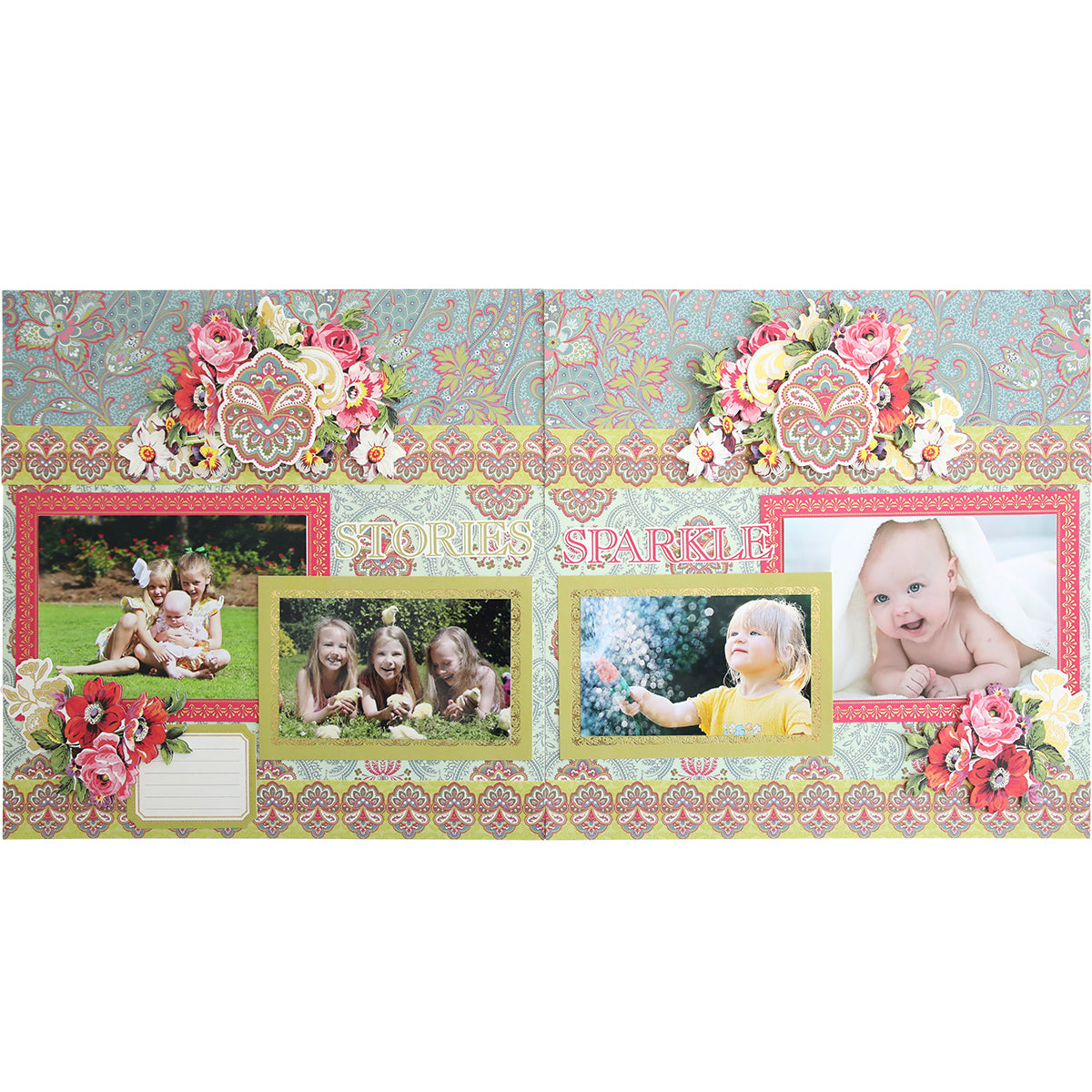 A delightful scrapbook page from the Simply Paisley Scrapbooking Kit showcases floral borders and four enchanting photos of children smiling and playing. The words "STORIES" and "SPARKLE" shine in decorative fonts, capturing the joyful essence of scrapbooking.