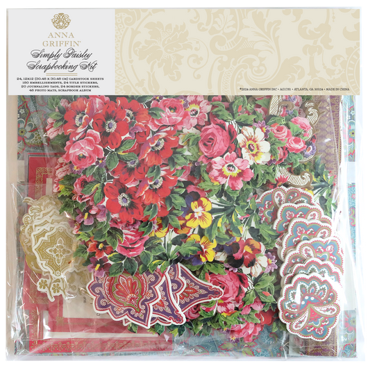 The Simply Paisley Scrapbooking Kit with Album offers assorted colorful floral and decorative paper cutouts in a clear package, ideal for enhancing any scrapbook or coordinating with the Simply Astrid collection.
