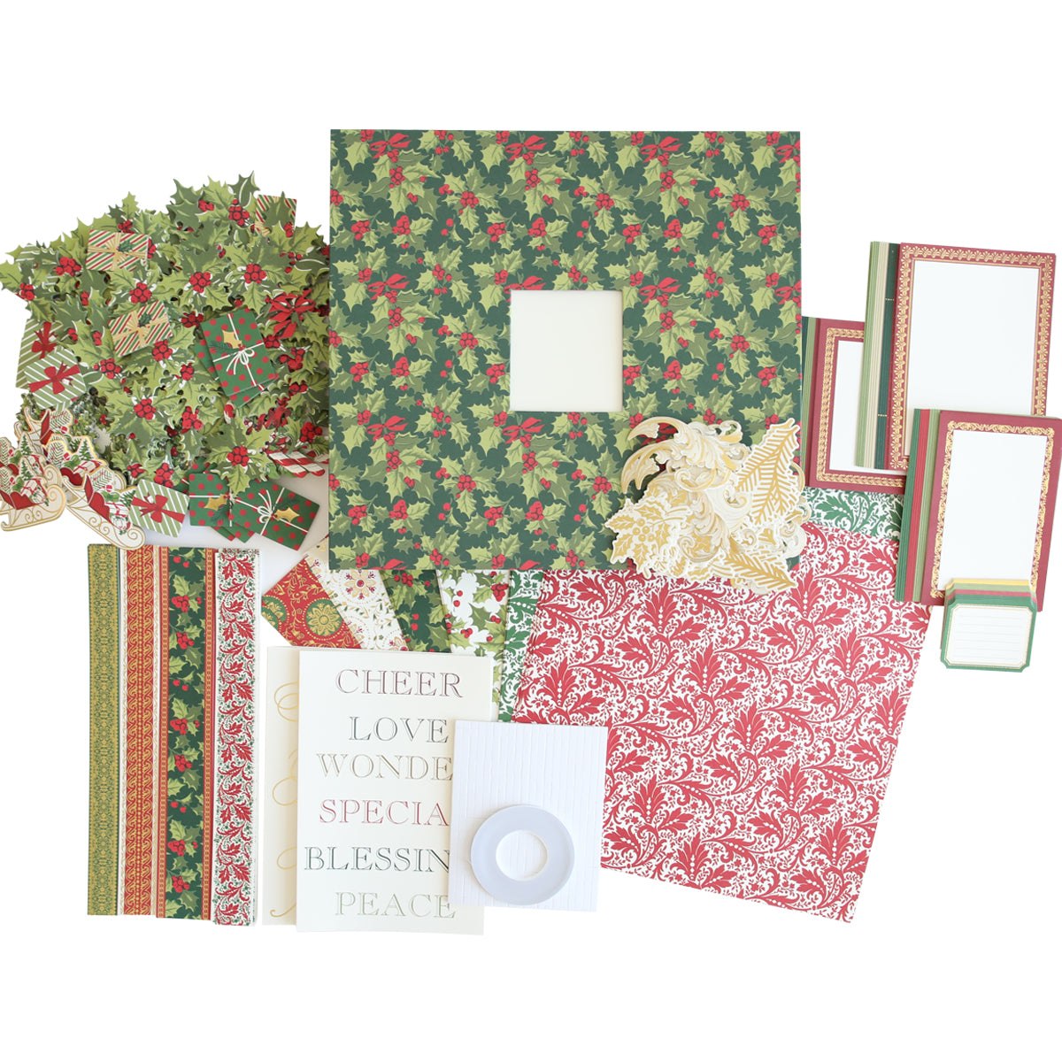 The Simply Noel Scrapbooking Kit includes holiday-themed patterned papers, die-cut shapes, labels, ribbon, and gold foil sentiment stickers—perfect for Christmas scrapbooking—all arranged on a white background.